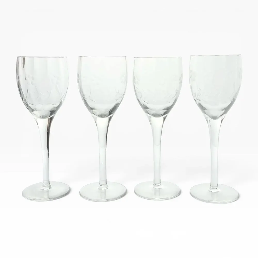 1940s Vintage 4 Etched Flower Optic Wine, Water or All Purpose Glasses 8” 8oz